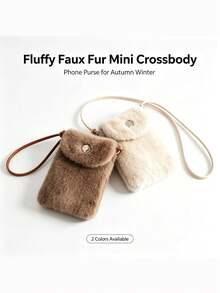 Women Fluffy Faux Fur Mini Crossbody Bag, Autumn Winter Solid Color Phone Purse, Small Shoulder Bag With Strap, Snap Closure Portable Wallet Bag - Multicolor - View 2