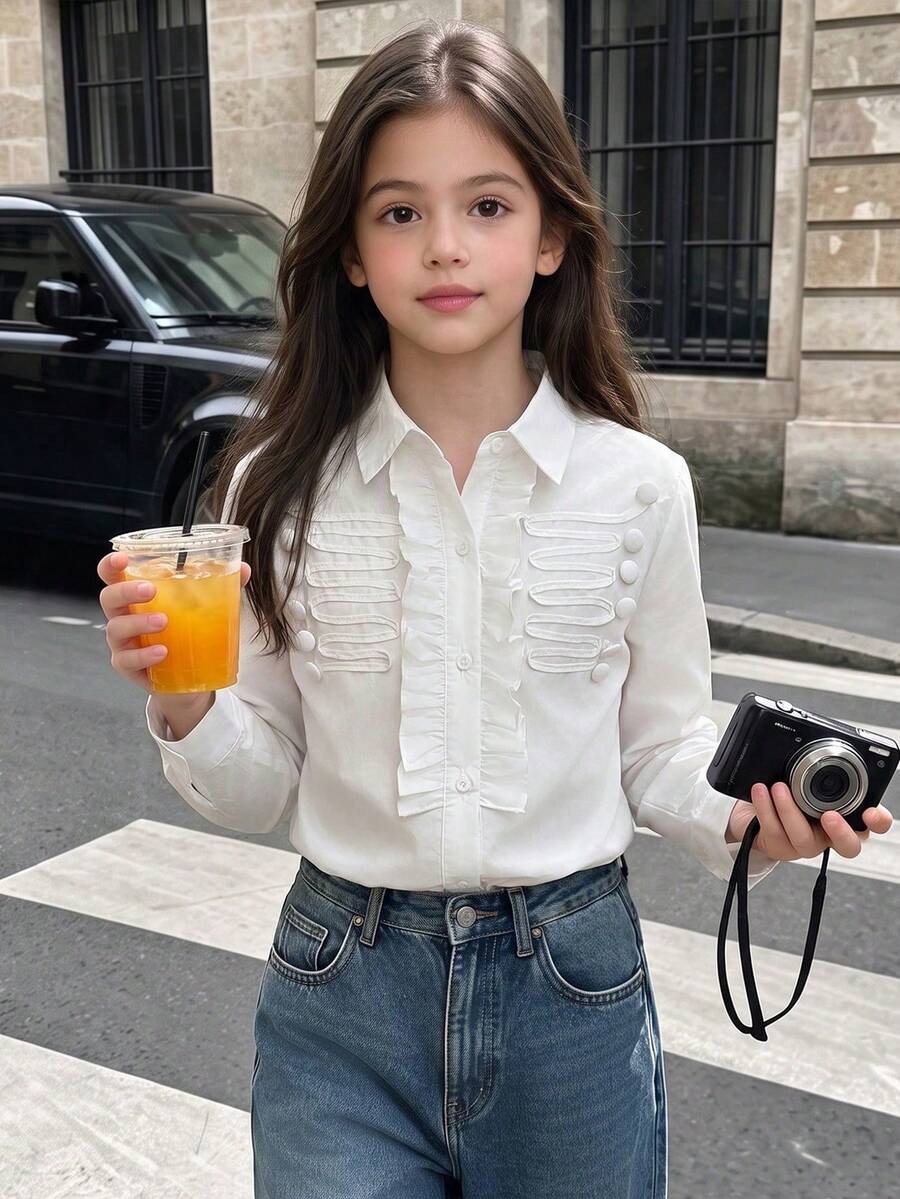 Girls' Urban Elegant Ruffle White Shirt, Napoleon Style Embroidered Button Decor, Fashion New Arrival, Campus Outfit, Back To School Season, All-Season Wear - White - View 1