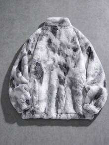 Men's Tie-Dye Fleece Zip-Up Jacket, Stand Collar Fleece With Chest Logo Loose Fit Outerwear, Suitable For Autumn/Winter Wear - Light Grey - View 4