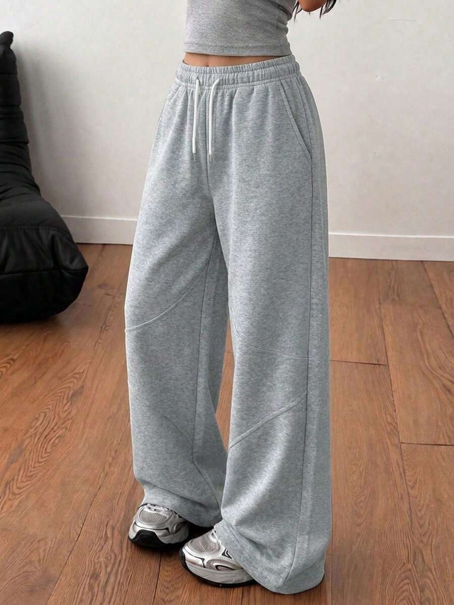 1pc Girls' Teenager Sports College Style Structured Line Wide Leg Casual Long Pants - Light Grey - View 1