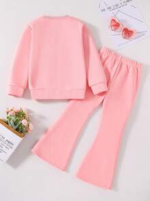 Toddler Cartoon Pattern Warm Crew Neck Sweatshirt And Flare Pants - Pink - View 2