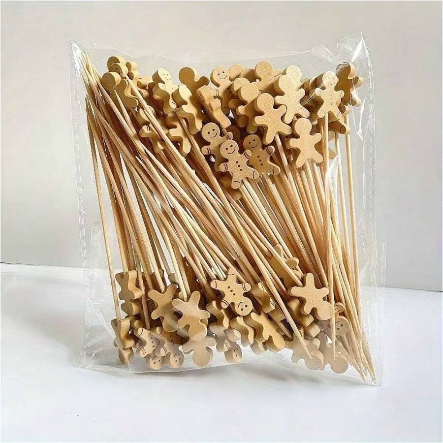 10/20/50/100/200pcs Cute Creative Gingerbread Man Shaped Fruit Picks, Cocktail Picks, Fruit Forks, Disposable Fruit Picks, Cake Picks, Appetizer Toothpicks, Suitable For Cocktail Parties, Birthday Parties, Weddings, Christmas Decorations, Christmas, Table Decor, Christmas Gifts - Apricot - View 1