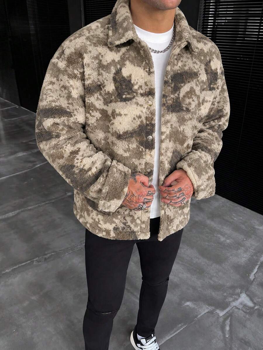 GloMan Men's Camouflage Print Button-Up Loose Jacket, Warm For Autumn/Winter, Suitable For Daily, Street, Business Casual, Halloween/Christmas, Gift For Husband/Father - Multicolor - View 1