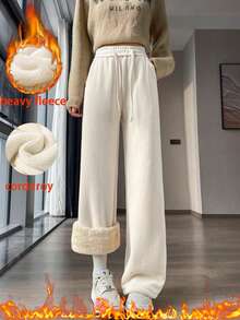 Soft Corduroy Fleece Lined Pants, Cozy High Waist Winter Trousers - Light Beige - View 1