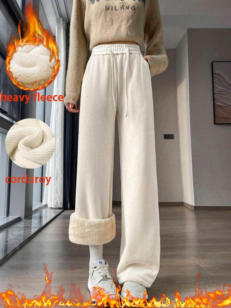 Soft Corduroy Fleece Lined Pants, Cozy High Waist Winter Trousers - Light Beige - View 1