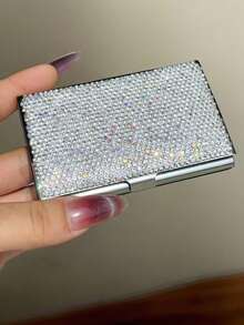 1pc Metal Business Card Holder, Premium Shiny Artificial Rhinestone Transit Card, Business Card, Pad Storage Box, Portable Large Capacity, Men's Women's Business Card Holder, Gift - Silver - View 9