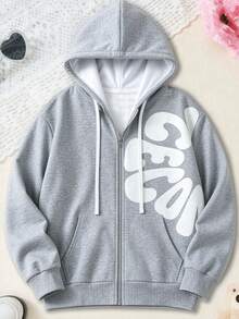 Men's Zipper Hoodie With Drawstring, Side 3D Letter Decoration, Suitable For Casual And Streetwear, Gift For Family, Friends And Boyfriend - Light Grey - View 7