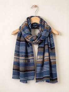 1pc Blue Striped Unisex Pashmina Short Fringe Scarf Shawl, Suitable For Daily Commute Outerwear, Autumn/Winter - Blue - View 2
