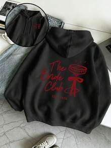 Plus Size Women's Casual 2026 Bridal Club Double-Sided Print Hooded Sweatshirt, With Pockets, Suitable For Wedding Season - Black - View 1
