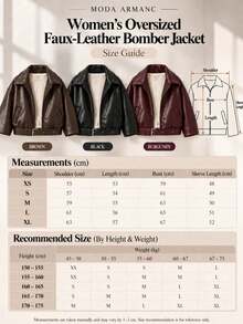Women's Oversized Faux Leather Zip-Up Jacket Drop Shoulder Belted Bomber Coat Black - Brown - View 7