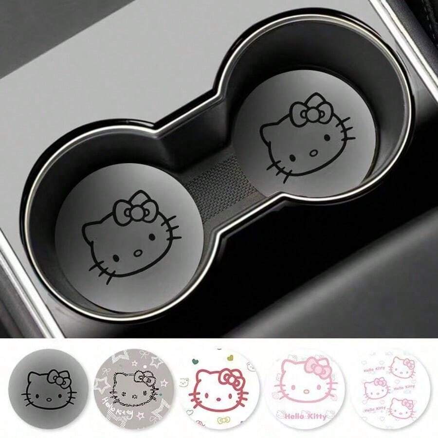 SANRIO 2pcs Random Color Cartoon Car Cup Holder Coasters, Universal Fit, Waterproof Non-Slip Dirt-Resistant Easy To Clean Round Cup Mat, Creative Car Interior Decoration Accessory, Car Interior Protection - A - View 1