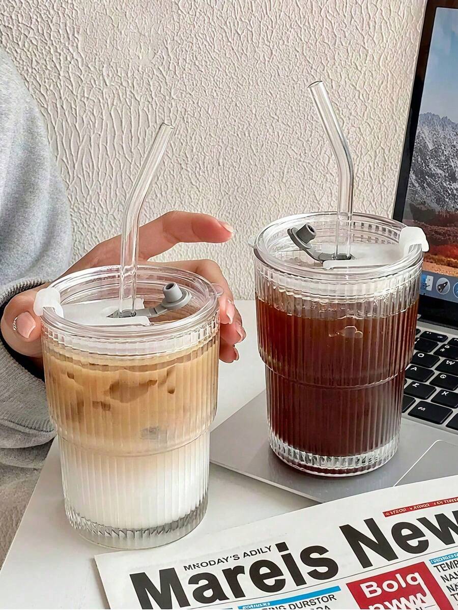 1 Clear Glass Cup With A Striped Lid And Straw, Portable And Simple ...
