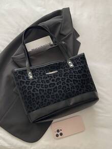 Women's Leopard Print Faux Suede Tote Bag, Large Capacity Shoulder & Handbag, Vintage Daily Commute Bag, Suitable For Work, Shopping And Travel. - Black - View 3