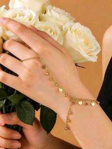 1pc Fashion Elegant Bohemian Style Tassel Round Rhinestone Finger Chain, Suitable For Women's Daily, Party, Vacation, Ball Wear, Women's Autumn Accessory - Gold - View 2