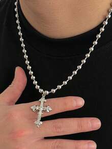 1pc Men's Pendant Necklace, Metal Silver Fashionable Personalized Punk Style Cross Bead Pendant Necklace, Suitable For Daily Wear, Party And Holiday - Silver - View 1