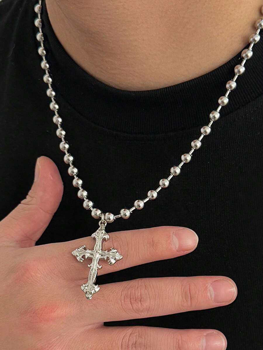 1pc Men's Pendant Necklace, Metal Silver Fashionable Personalized Punk Style Cross Bead Pendant Necklace, Suitable For Daily Wear, Party And Holiday - Silver - View 1