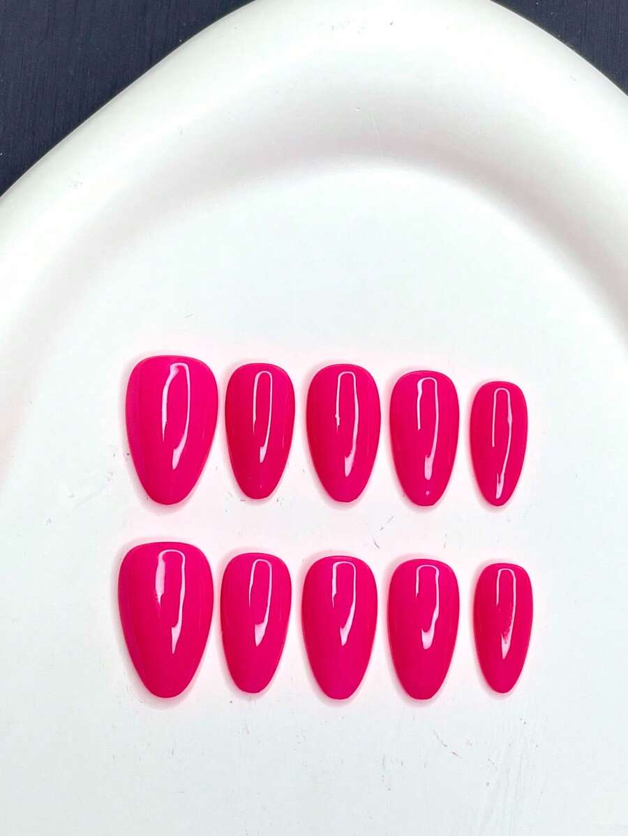 Glossy Dragonfruit Magenta Almond Press On Nails, Bright Solid Magenta False Nails, Handmade Nail Tips, Suitable For Party & Daily Wear, Fall Winter Christmas & New Year Style