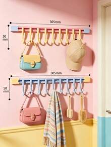 2/1pc Cute Pastel Style Plastic Long Strip Wall Mount Hook Rack With 10 Hooks, Punch‑Free Strong Load‑Bearing Hanging Holder, Multi‑Hook Wall Hanger, Suitable For Entryway, Bedroom, Bathroom, Dormitory, Closet,All‑Season Home Storage Organization - Multicolor - View 4