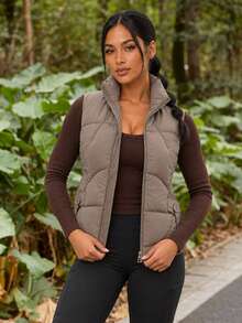 Women's Stand Collar Quilted Puffer Vest With Side Tab Waist Detail Zip Front Sleeveless Casual Layering Jacket - Brown - View 1
