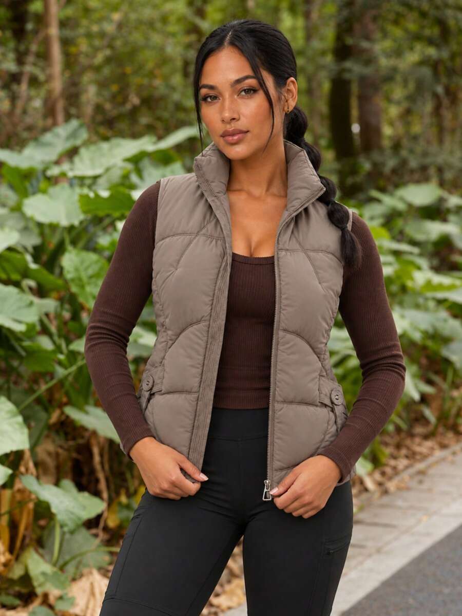Women's Stand Collar Quilted Puffer Vest With Side Tab Waist Detail Zip Front Sleeveless Casual Layering Jacket - Brown - View 1