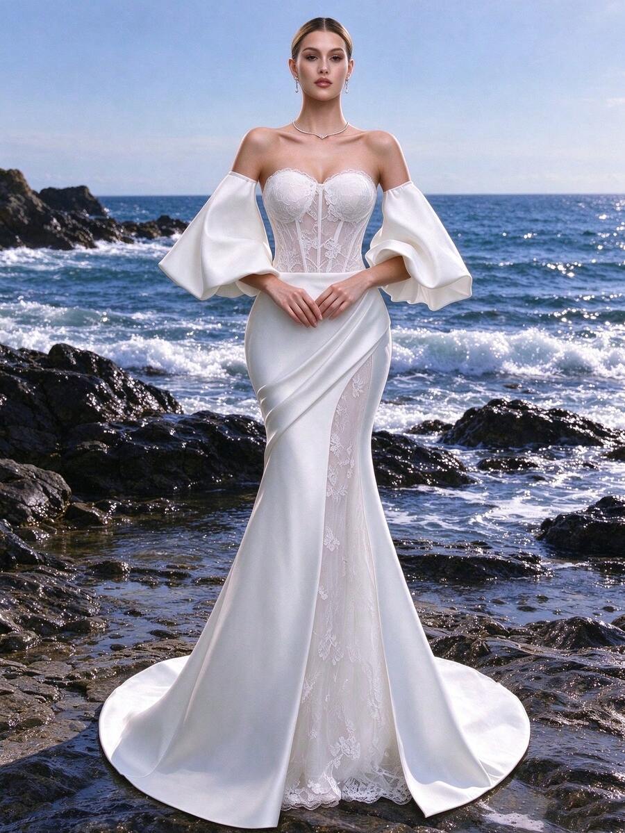 Off-Shoulder Mermaid Wedding Dress With Detachable Puff Sleeves, Draped Satin Skirt With Lace Inner Slit And Sweep Train, Ideal For Outdoor Weddings. - White - View 1