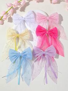 7/1pc Girls Rhinestone Tulle Bow Hair Clip, Macaron Color Palette, Sparkling Rhinestone Pearl Chain Long Ribbon Top Clip, Sweet Princess Hair Accessory, Back Of Head Hair Clip, Daily Use - Multicolor - View 3