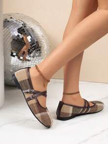 Women's Brown & Coffee Color Block Retro Preppy Style Square Toe Low-Top Flat Shoes - Brown - View 4