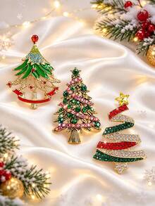 3pcs All-Season Versatile Vintage Rhinestone Christmas Tree Brooch Gift Set, Comes With Red Gift Box For Easy Storage And Organization, Suitable For Cardigans, Trench Coats, Canvas Bags, Christmas Parties And Holiday Outfits - Multicolor - View 2
