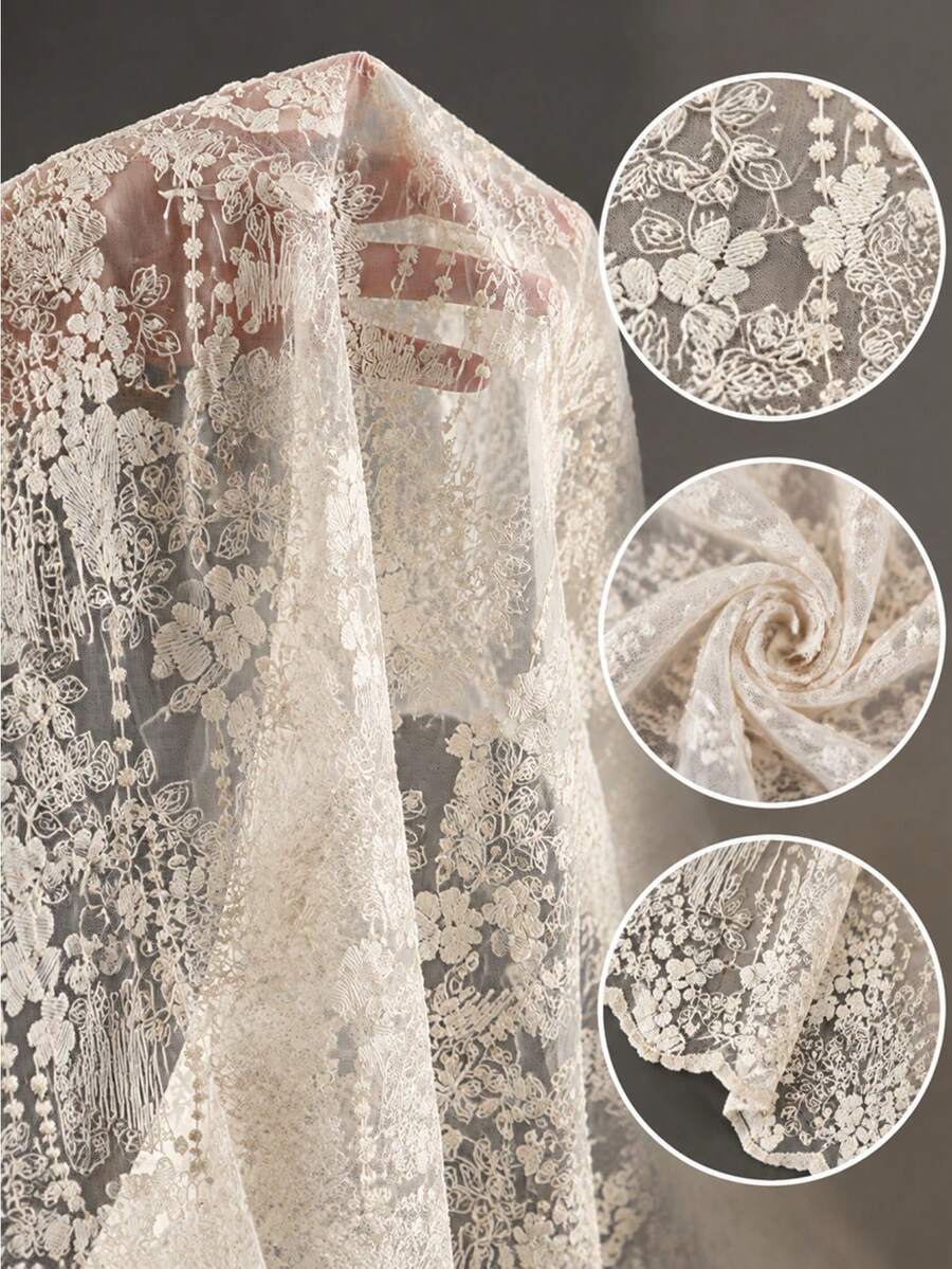 HHMC 1pc Apricot French Lace Embroidered Mesh Fabric, Floral Embroidery, Soft Texture, Suitable For Making Wedding Dresses, Headscarves, Dresses, Tablecloths, Curtains, Interior Decoration And DIY Handmade Products