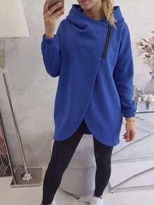 Women's Casual Elegant Sweatshirt, Solid Color With Zipper And Tulip Hem, Suitable For Autumn Fall - Blue - View 5