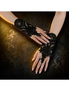 1 Pair Black Lace Floral Fingerless Decorative Gloves, Suitable For Formal Dress, Stage Performance, Wedding Styling, Birthday Party, Holiday Outfit - Multicolor - View 3