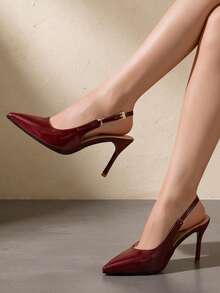 Adjustable Strap Backless High Heel Shoes, Plus Size Wide Fit Pointed Toe Elegant Commute Party Pumps - Burgundy - View 1