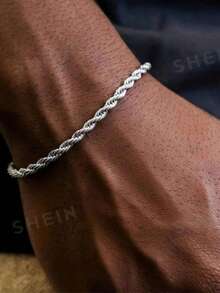 Minimalist Silver Stainless Steel Twisted Chain Bracelet, Men's Hip Hop Jewelry - Silver - View 4