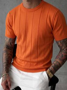 Men's Spring/Summer Ribbed Crew Neck Lightweight Loose Fit Knit Short Sleeve T-Shirt - Orange - View 5