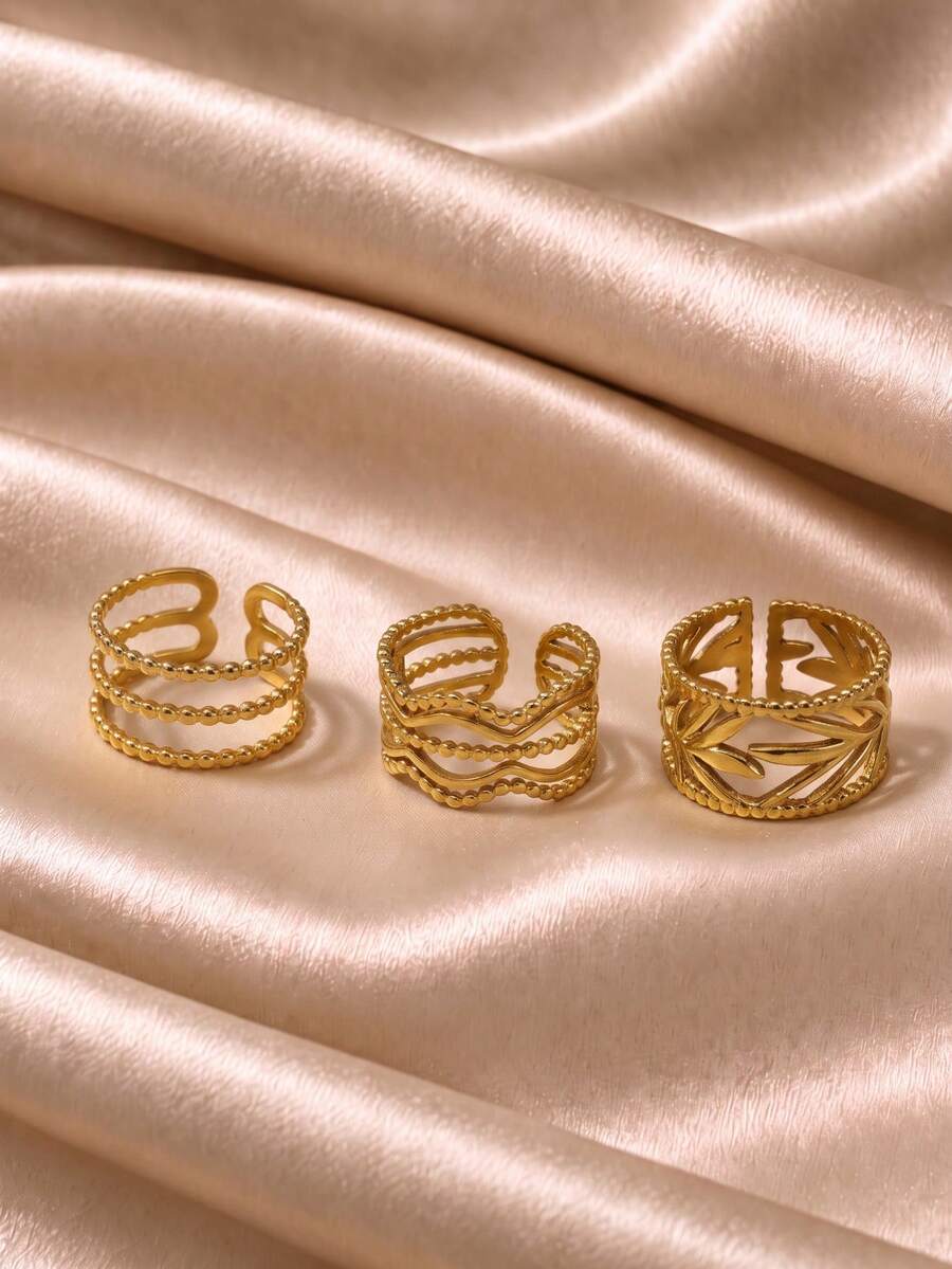 3pcs European & American Style Vintage Gold-Plated Open Ring Set, Minimalist Multi-Layer Round Bead Wave Pattern Leaf Hollow Finger Rings, Women's Daily Versatile Stackable Hand Jewelry - Gold - View 1