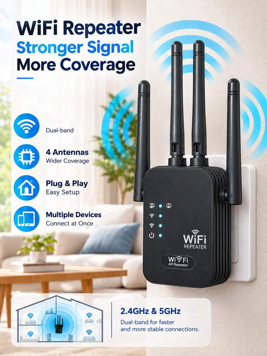 WiFi Repeater Signal Amplifier Router Extender Signal Booster Long Range Amplifier With Ethernet Port Dual Network Interface Internet Wireless Repeater For Home Cellular Communication Amplifier With Ethernet Port - Black - View 1