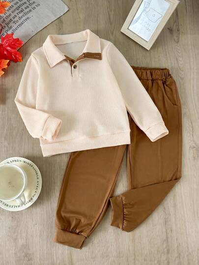 2pcs/Set Young BoyAutumn/Winter Long Sleeve Solid Color Sweatshirt & Pants Sports Outfit