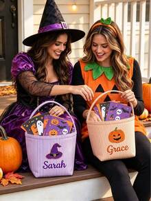 Personalized Custom Name Halloween Trick Or Treat Striped Fabric Tote Bag, Ghost Pumpkin Witch Hat Pattern, Custom Text Handle Storage Basket, Halloween Party Decoration - Multicolor - View 4