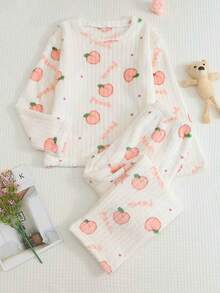 Teen Girls Cute Peach Print Flannel Pajama Set, 2-Piece Round Neck Long Sleeve Top And Pants, Soft Warm Loungewear, Suitable For Autumn/Winter Home Wear - Multicolor - View 3