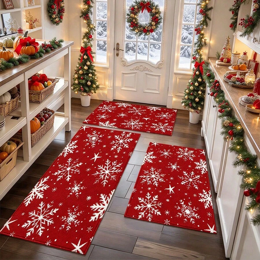 1pc Kitchen Floor Mat, Soft Faux Cashmere Material, Red Background With White Snowflake Print Christmas Style, Anti-Slip Design, Suitable For Kitchen, Bathroom, Entryway, Bedroom Doorway Decoration, Multi-Scenario Use Anti-Slip Floor Mat, Room Decor, Holiday Gift - Multicolor - View 1