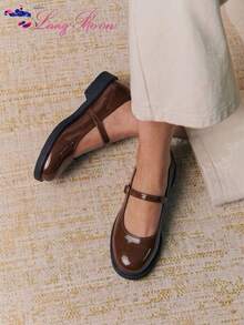 LangMoon Ashlee LangMoon 2026 Brown Glossy Oil Wax Single Strap Round Toe Mary Jane Chunky Heel Pumps, Shock-Absorbing Insole, Vintage Apartment Campus Collegiate Y2K Style, All-Season Commute Home Date Elegant - Brown - View 6
