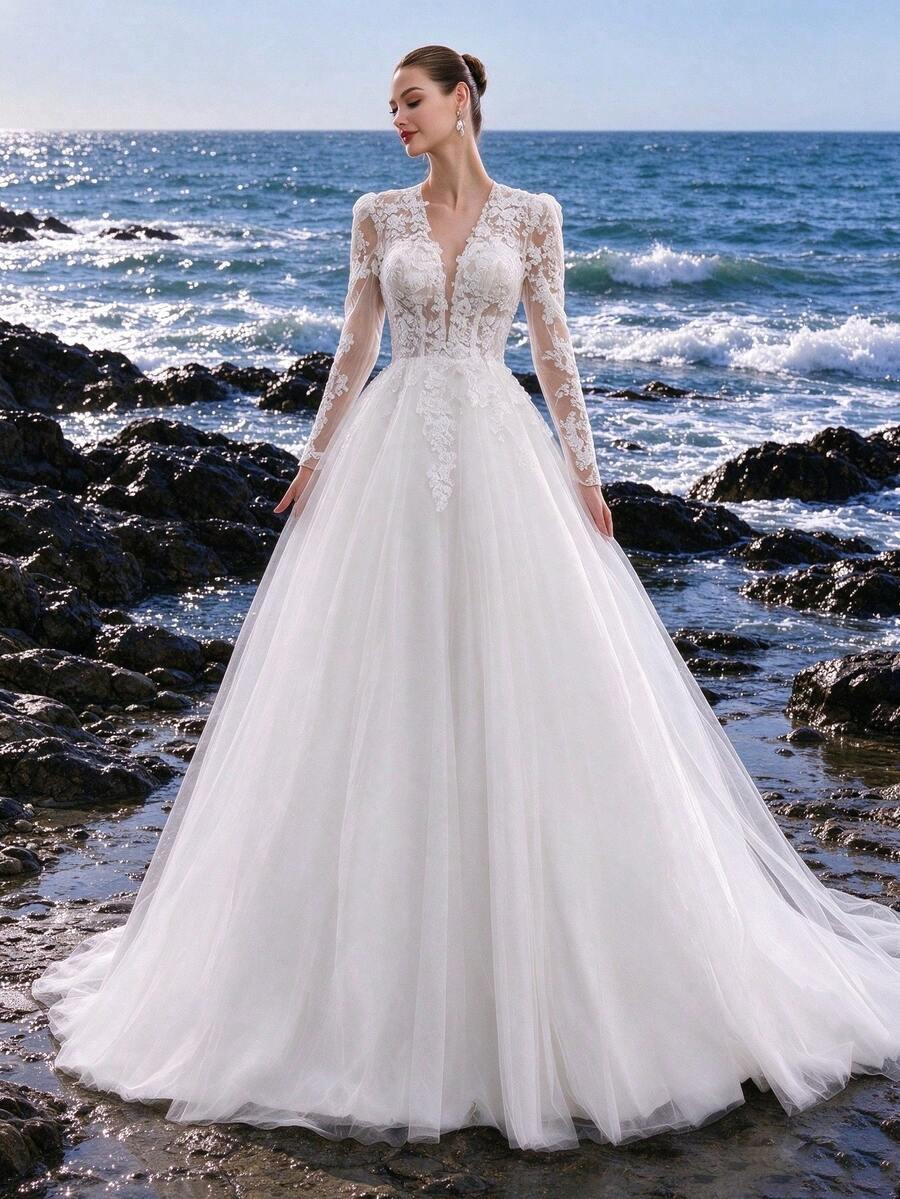 Lace, V-Neck, Lace-Up, Long Sleeve, 3D Floral, Train, A-Line Dress, Church Wedding, Manor Wedding, Wedding Party, Bridal Gown, Wedding Dress