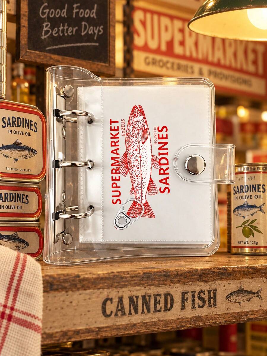 Transparent PVC Mini 3-Ring Binder, Sardine Print Portable Storage ...