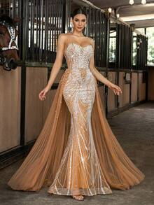 LUVISTRUE Women Elegant Romantic Glamorous Sleeveless Formal Evening Gowns Mermaid Maxi Dresses Wedding Guest Cocktail Party Prom Homecoming Gala Dress - Champagne - View 4
