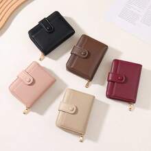 Women's PU Textured Short Clutch Wallet, Snap Button Double Fold Zipper Wallet, Multiple Card Slots & Cash Compartment - Multicolor - View 5