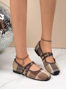 Women's Brown & Coffee Color Block Retro Preppy Style Square Toe Low-Top Flat Shoes - Brown - View 3
