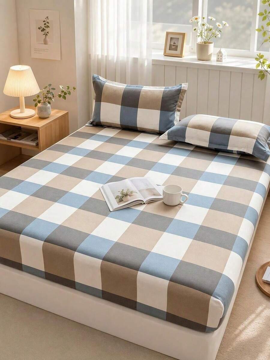 3pcs Bedding Set, Dual-Color Plaid Pattern, Soft & Comfortable Bedding, Includes 1pc Fitted Sheet And 2pcs Pillowcases, No Filling, Suitable For Dorm, Bedroom, Home Use, Multiple Sizes Available - Multicolor - View 1