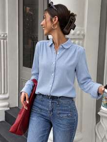 LuminousWealth2026 Autumn/Winter Elegant Women's Business Commute Long Sleeve Button Shirt - Lightweight Non-Stretch, Classic Collar, Suitable For Spring/Summer/Autumn, Suitable For Daily Fashion, Work, Office, Commute, Holidays, Parties, Women's Halloween Costume, Christmas Outfit - Blue - View 1