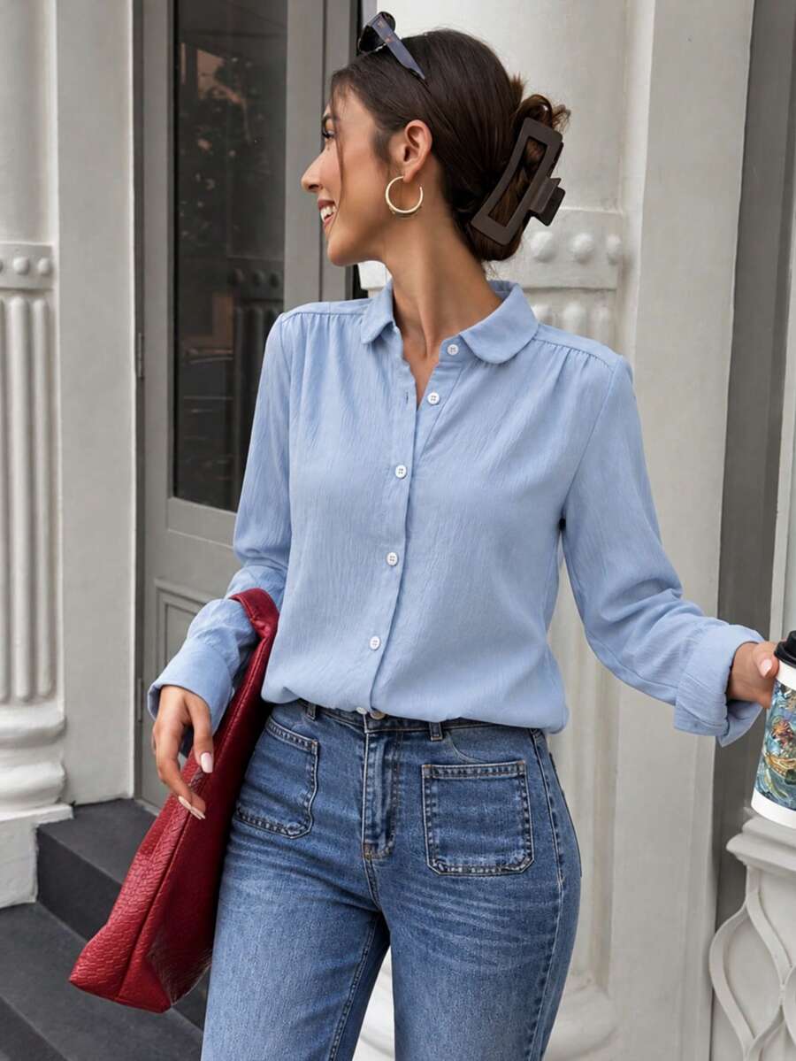 LuminousWealth2026 Autumn/Winter Elegant Women's Business Commute Long Sleeve Button Shirt - Lightweight Non-Stretch, Classic Collar, Suitable For Spring/Summer/Autumn, Suitable For Daily Fashion, Work, Office, Commute, Holidays, Parties, Women's Halloween Costume, Christmas Outfit - Blue - View 1