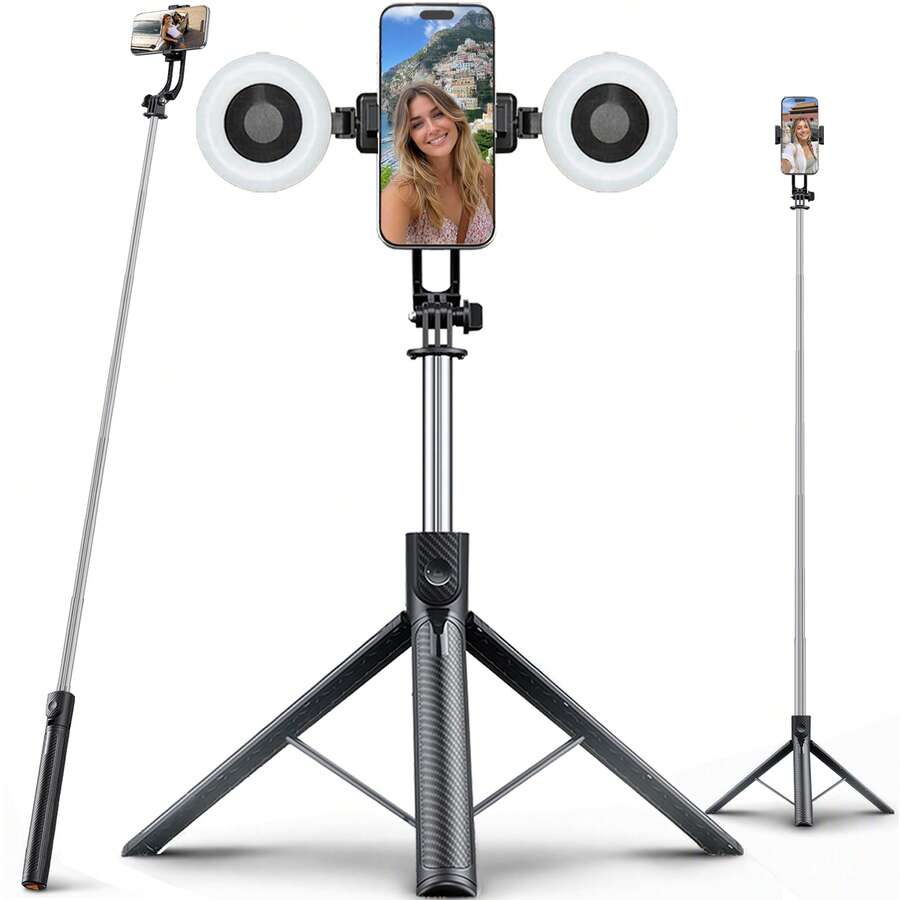 Tongkat Selfie Nirkabel Terbaru 170cm/66.9in, Dudukan Ponsel Tripod Stabil, Dapat Diperpanjang dan Berputar 360°, Portabel dan Dapat Dilipat, Cocok untuk Perekaman Video dan Vlog di Dalam dan Luar Ruangan - Hitam Matte - View 1